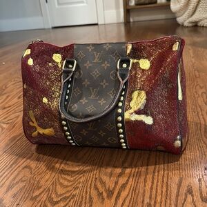 Louis Vuitton Red and Gold Cowhide Tote with Artistic Embellishments